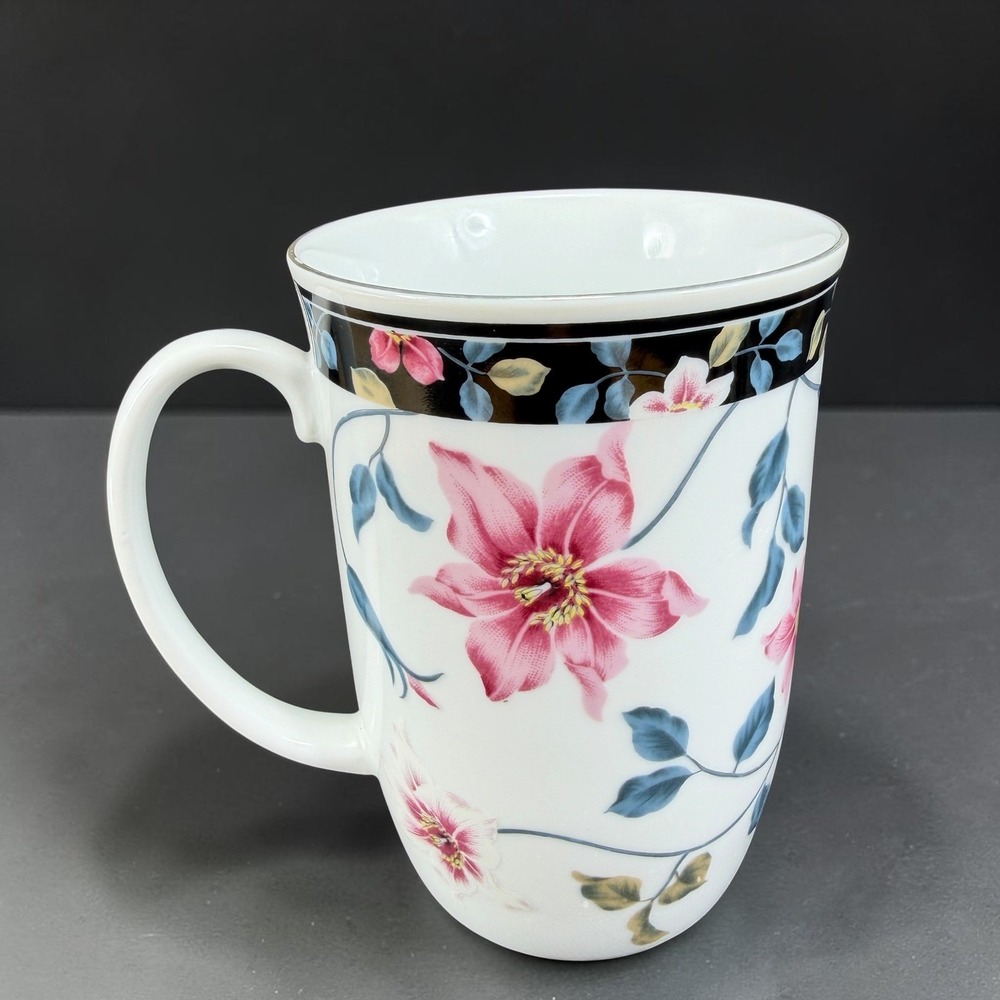 Otagiri Japan Supreme Floral Coffee‎ Mug Pink Flowers Gold Trim Black Border 4in
